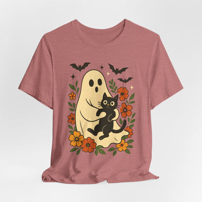 Gruseliger Geist mit schwarzer Katze, tolles Blumenmuster für Halloween
