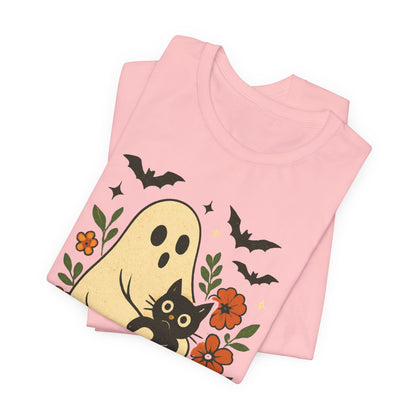 Gruseliger Geist mit schwarzer Katze, tolles Blumenmuster für Halloween