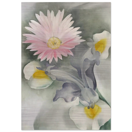 Pink Daisy with Iris - Georgia O'Keeffe Brushed Aluminum Print - 70x100 cm / 28x40 inches | Georgia O'Keeffe Aluminum Print | Georgia O'Keeffe Prints