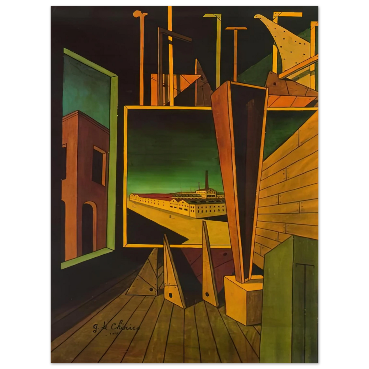 Giorgio de Chirico - GEOMETRIC COMPOSITION WITH FACTORY LANDSCAPE 1917  75x100 cm / 30x40inches Fine Art Poster