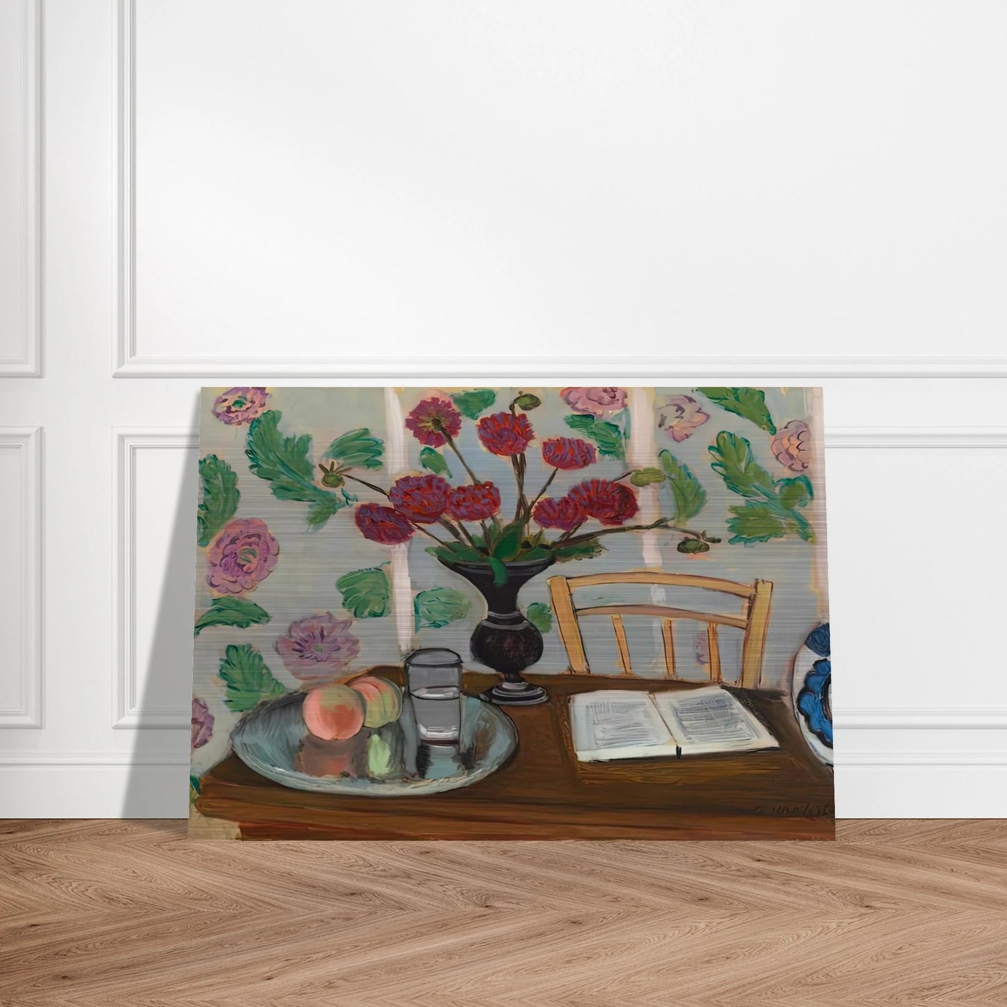 STILL LIFE BOUQUET OF DAHLIAS AND WHITE BOOK 1923 - Henri Matisse Brushed Aluminum Print - 70x100 cm / 28x40 inches | Henri Matisse Aluminum Print | Henri Matisse Prints