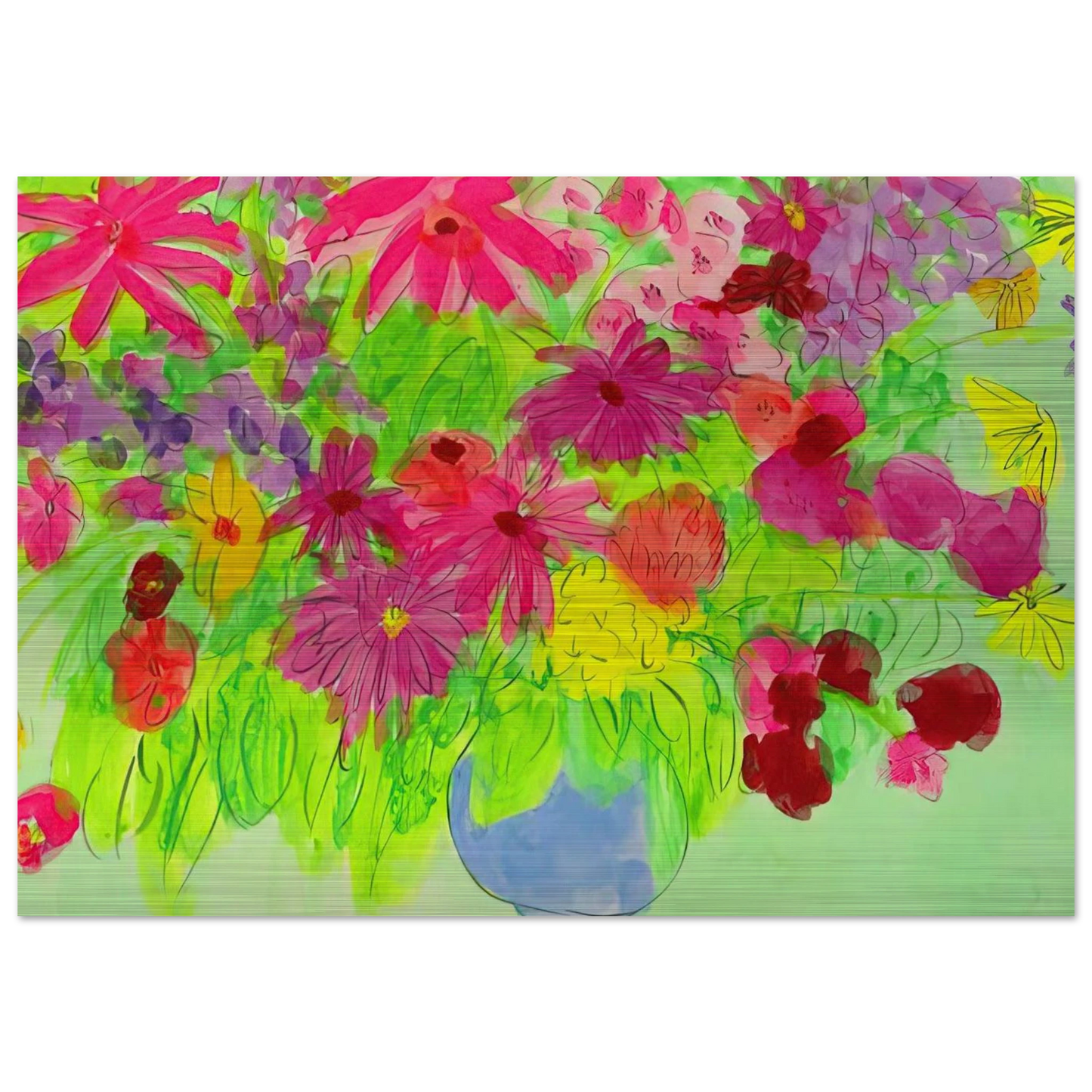 Blue Vase, Many Flowers - Naïve Art Primitivism, Pop Art - Walasse Ting Brushed Aluminum Print - 70x100 cm / 28x40 inches | Walasse Ting Aluminum Print | Walasse Ting Prints