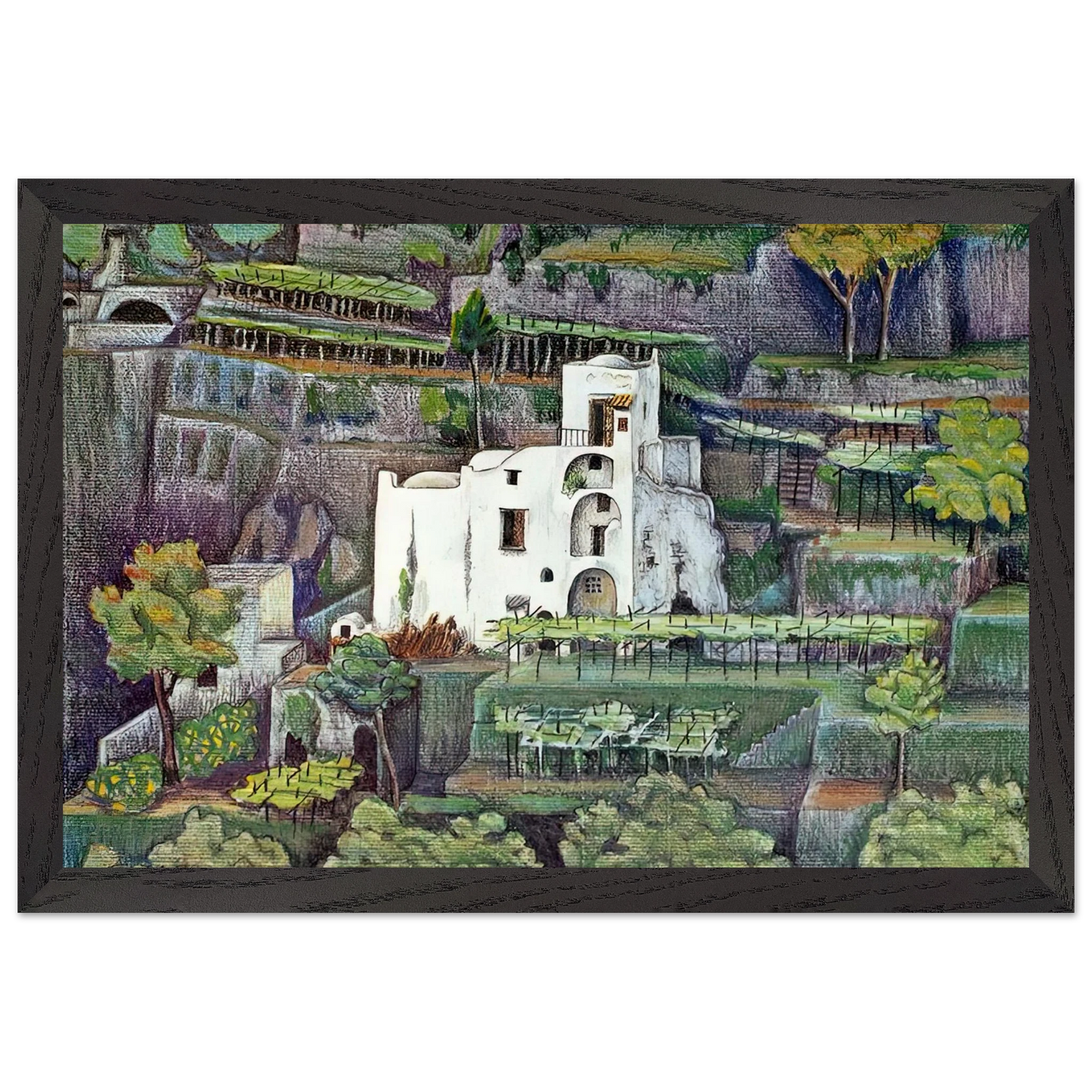 MC Escher - FARMHOUSE RAVELLO COLOUR Wall Art - 21x29.7 cm / 8x12" - Premium Wooden Framed Poster With Fine Art Paper-canvas - Wood frame
