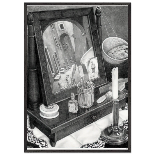 CANDLE MIRROR - MC Escher 70x100 cm / 28x40 inches Framed Art Print – Black Wooden Frame | Maurits Cornelis Escher Prints
