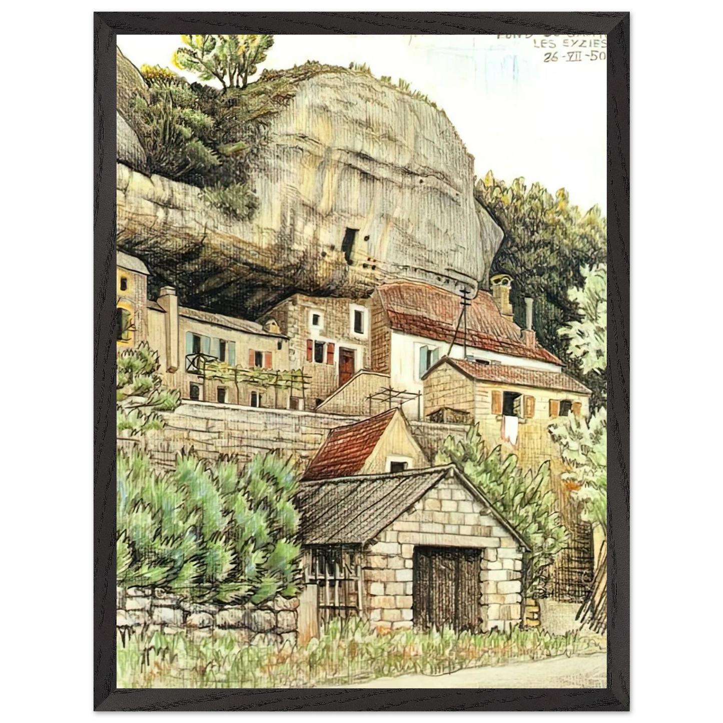 MC Escher - LES EYZIES FRANCE Wall Art - 30x40 cm / 12x16 inches - Premium Wooden Framed Poster With Fine Art Paper-canvas - Black frame