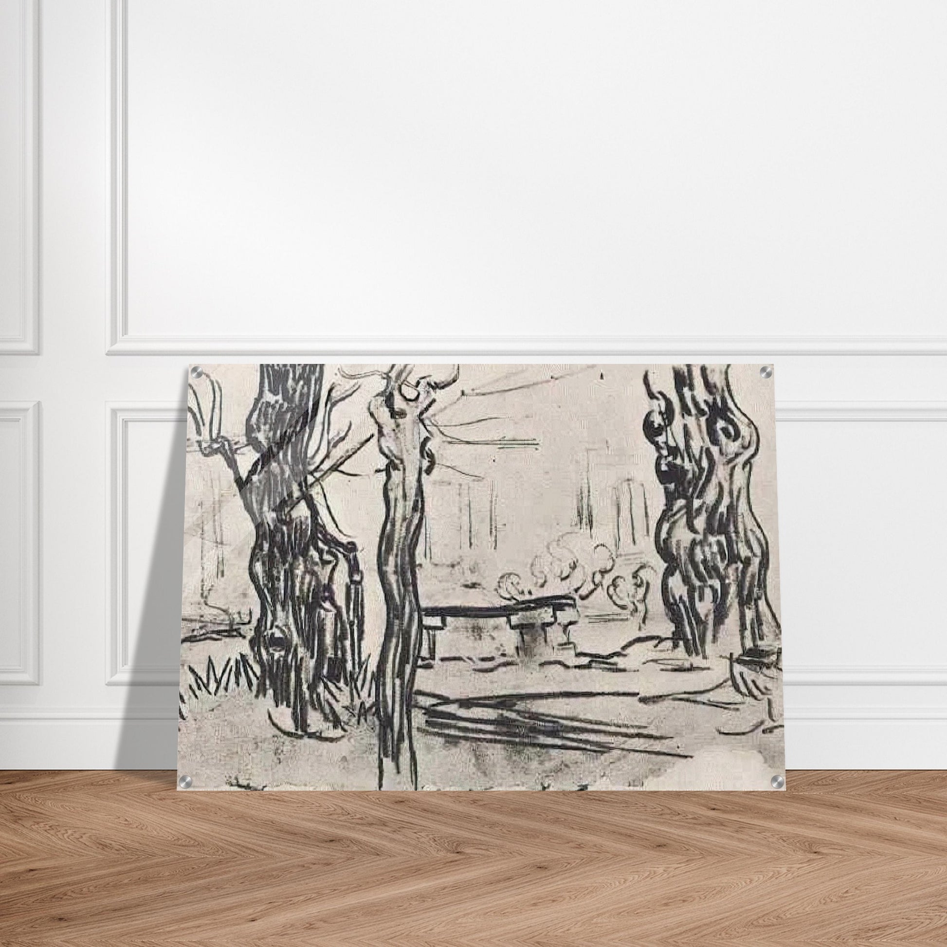 Garden of the Asylum and Tree Trunks and a Stone Bench - Vincent van Gogh Acrylic Print - 70x100 cm / 28x40″ inches | Vincent van Gogh Wall Art | Vincent van Gogh Prints