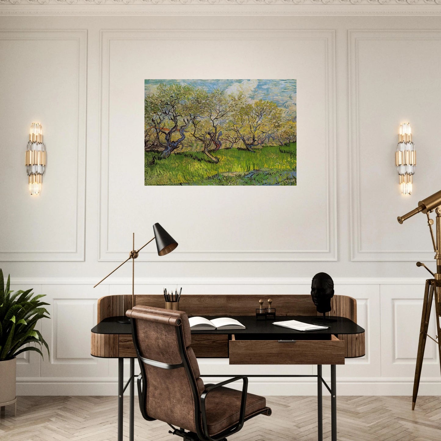 Orchard in Blossom - Vincent van Gogh Brushed Aluminum Print - 70x100 cm / 28x40 inches | Vincent van Gogh Aluminum Print | Vincent van Gogh Prints