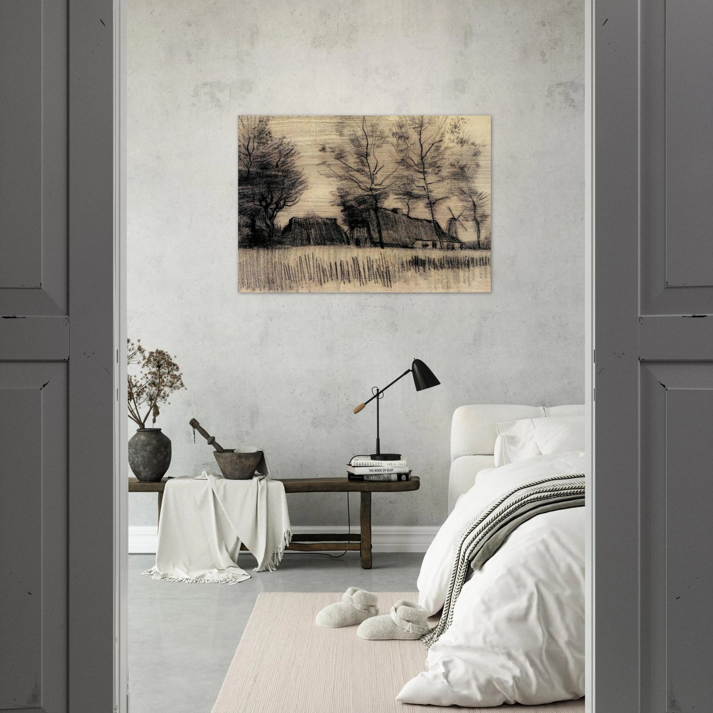 Landscape with Cottages and a Mill - Vincent van Gogh Brushed Aluminum Print - 70x100 cm / 28x40 inches | Vincent van Gogh Aluminum Print | Vincent van Gogh Prints