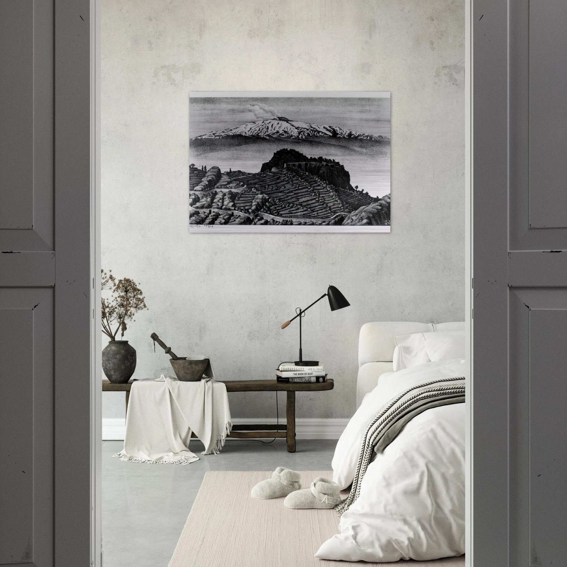 CASTEL MOLA AND MOUNT ETNA SICILY DECEMBER 1932 1932 - MC Escher Brushed Aluminum Print - 70x100 cm / 28x40 inches | MC Escher Aluminum Print | MC Escher Prints