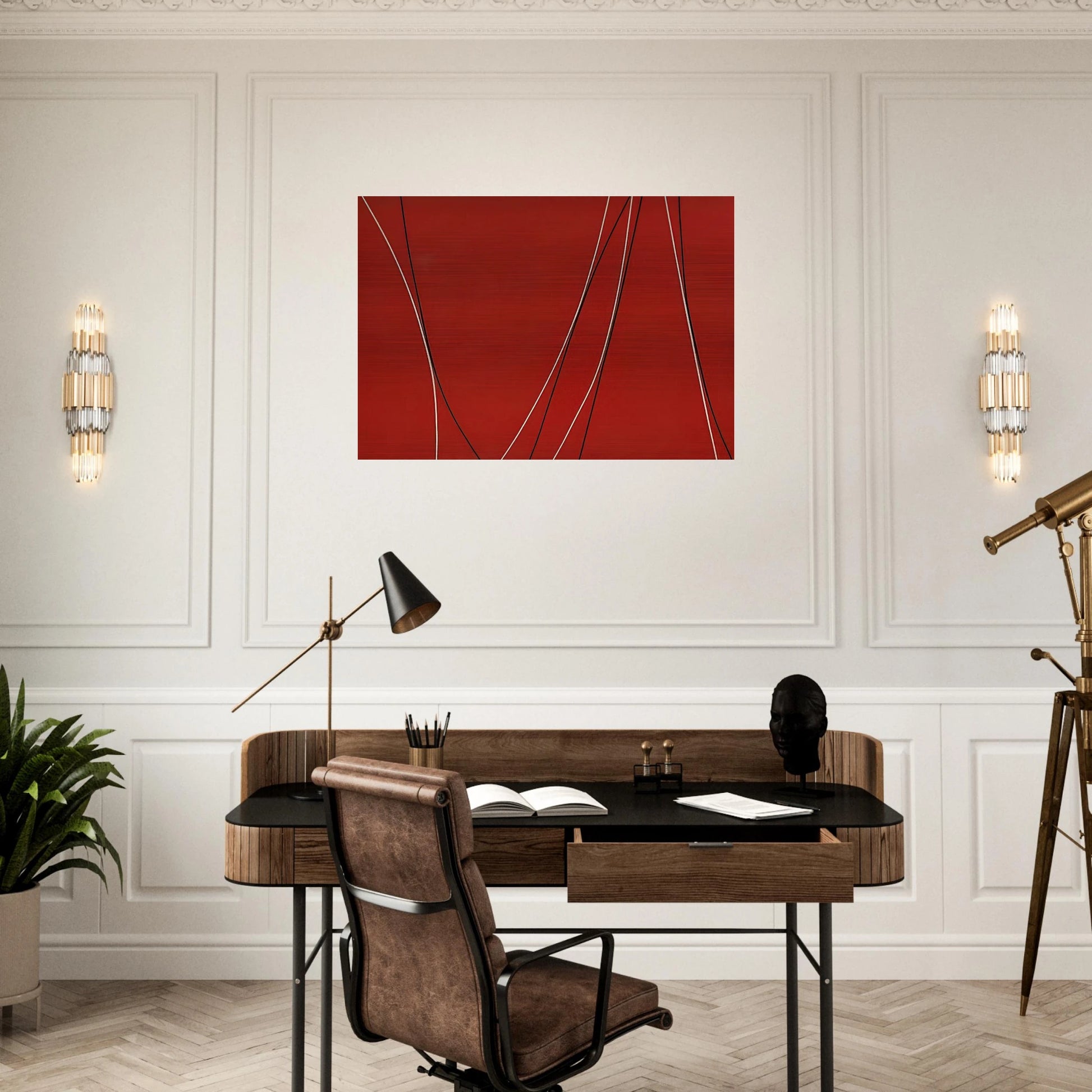 Untitled Black and White Lines on Red Background - 1965 - Lorser Feitelson Brushed Aluminum Print - 70x100 cm / 28x40 inches | Lorser Feitelson Aluminum Print | Lorser Feitelson Prints