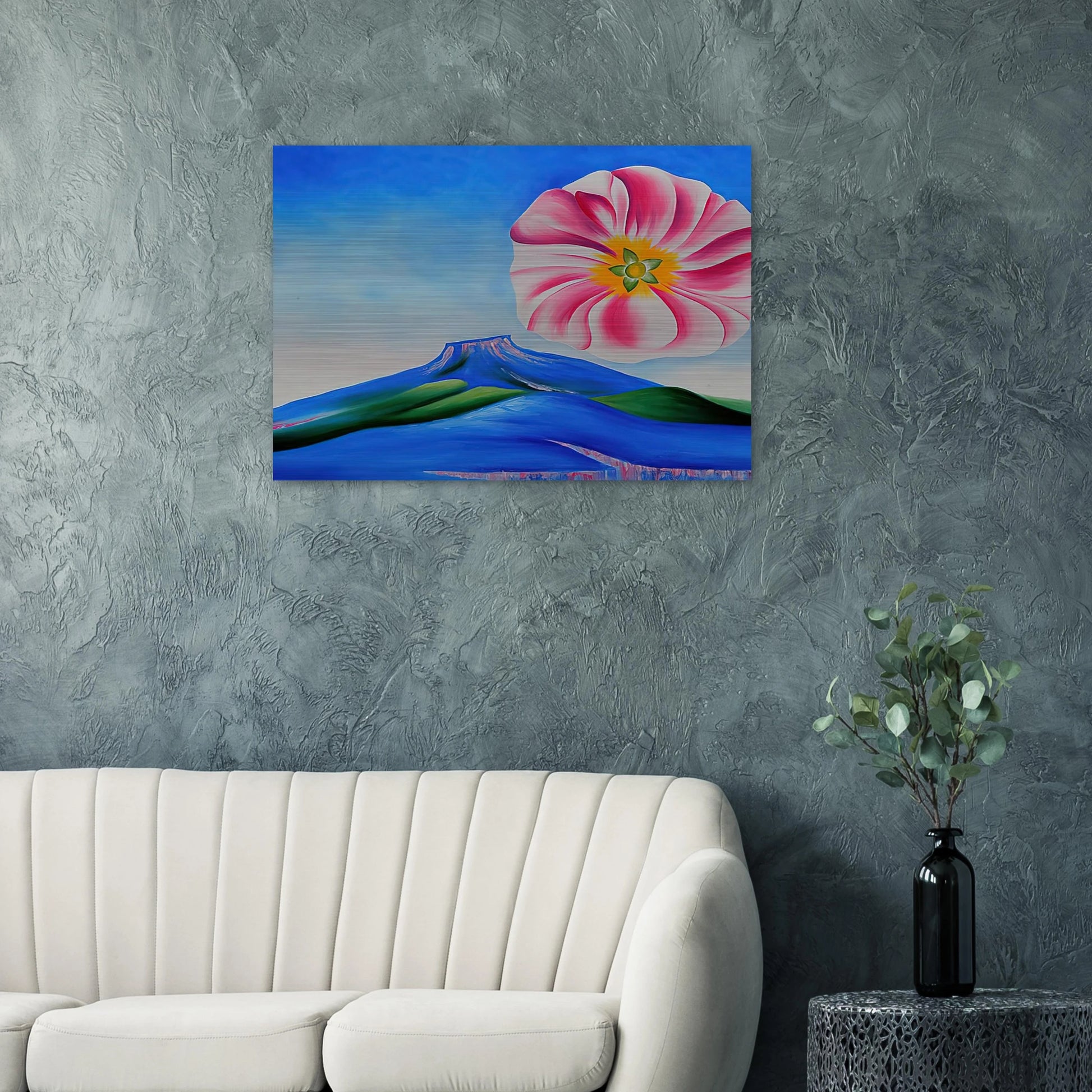 Hollyhock Pink with Pedernal - Georgia O'Keeffe Brushed Aluminum Print - 70x100 cm / 28x40 inches | Georgia O'Keeffe Aluminum Print | Georgia O'Keeffe Prints