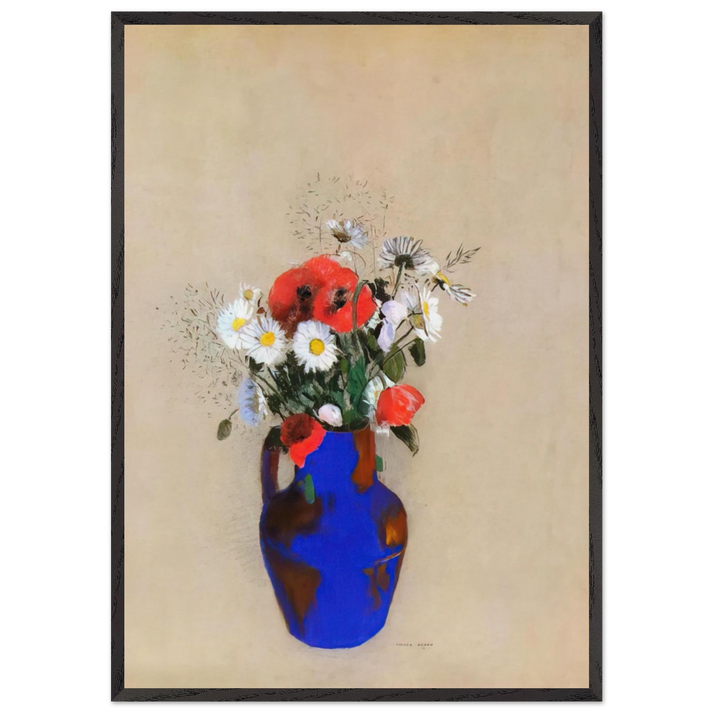 POPPIES AND DAISIES IN A BLUE VASE - Odilon Redon 70x100 cm / 28x40 inches Framed Art Print – Black Wooden Frame