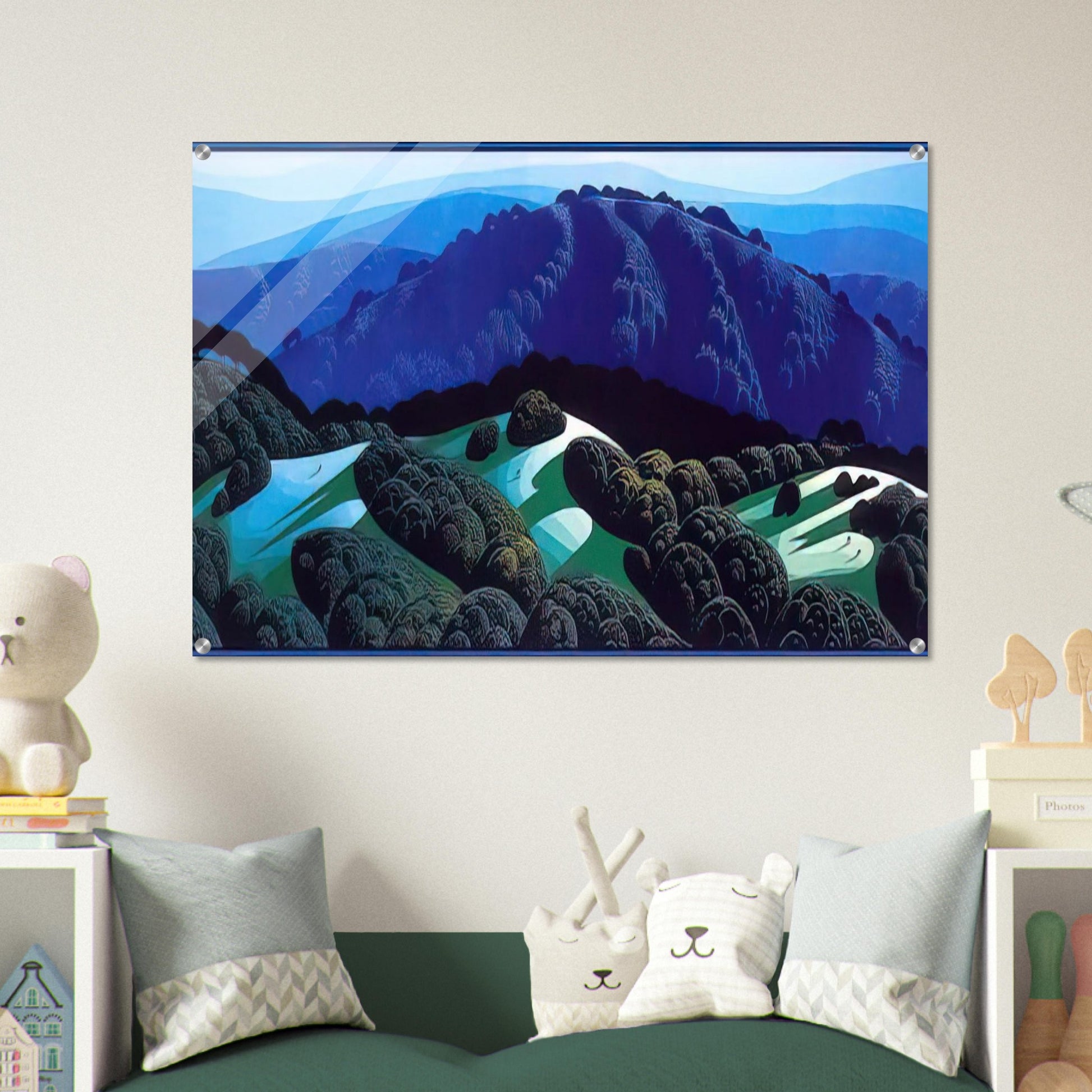 Three Fields and a Mountain - Eyvind Earle Acrylic Print - 70x100 cm / 28x40″ inches