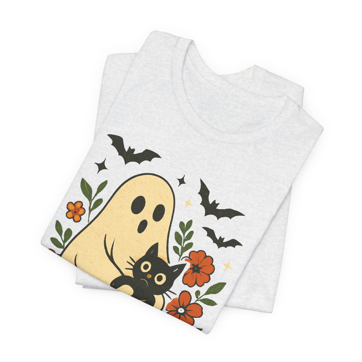 Gruseliger Geist mit schwarzer Katze, tolles Blumenmuster für Halloween