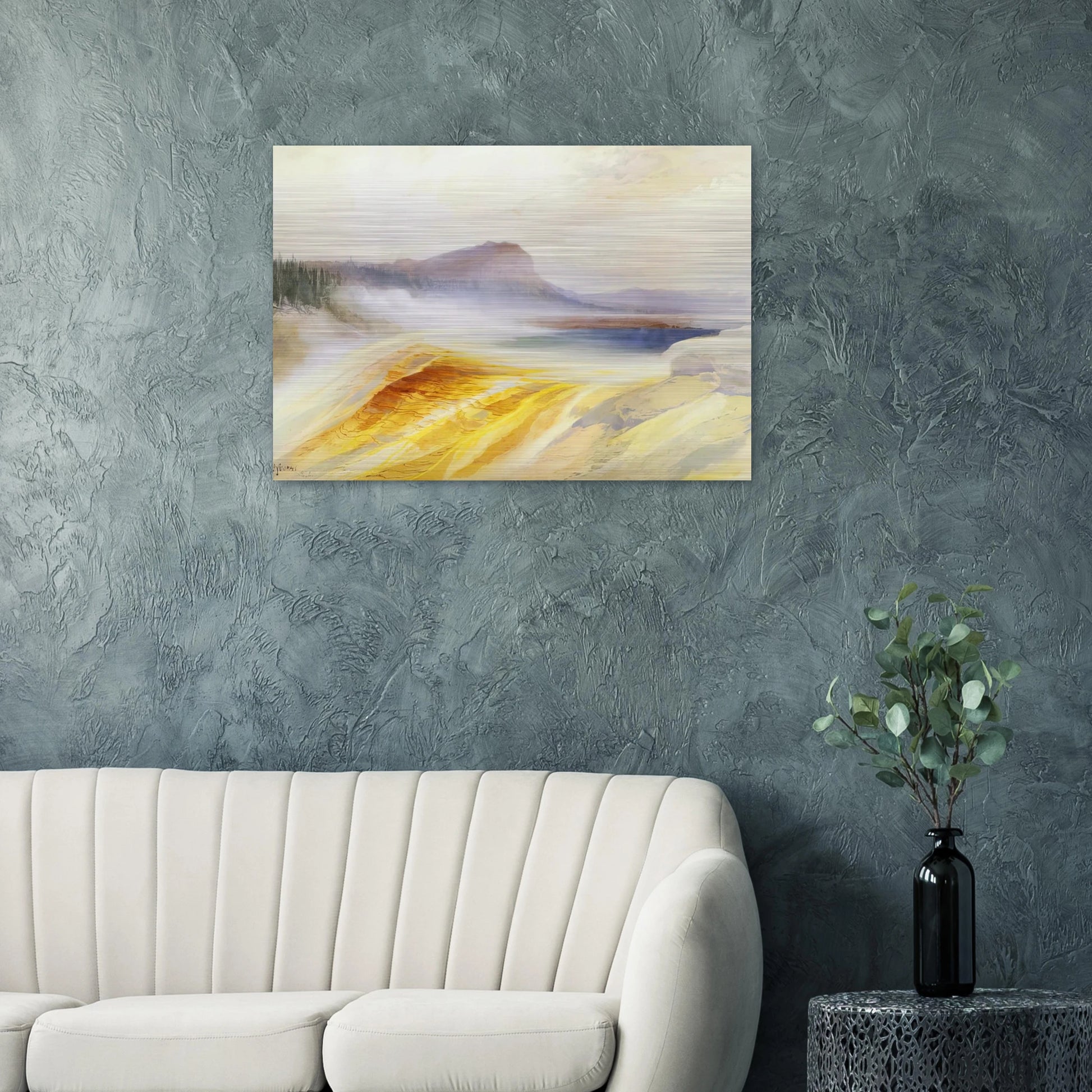 Great Blue Spring of the Lower Geyser Basin - Thomas Moran Brushed Aluminum Print - 70x100 cm / 28x40 inches | Thomas Moran Aluminum Print | Thomas Moran Prints