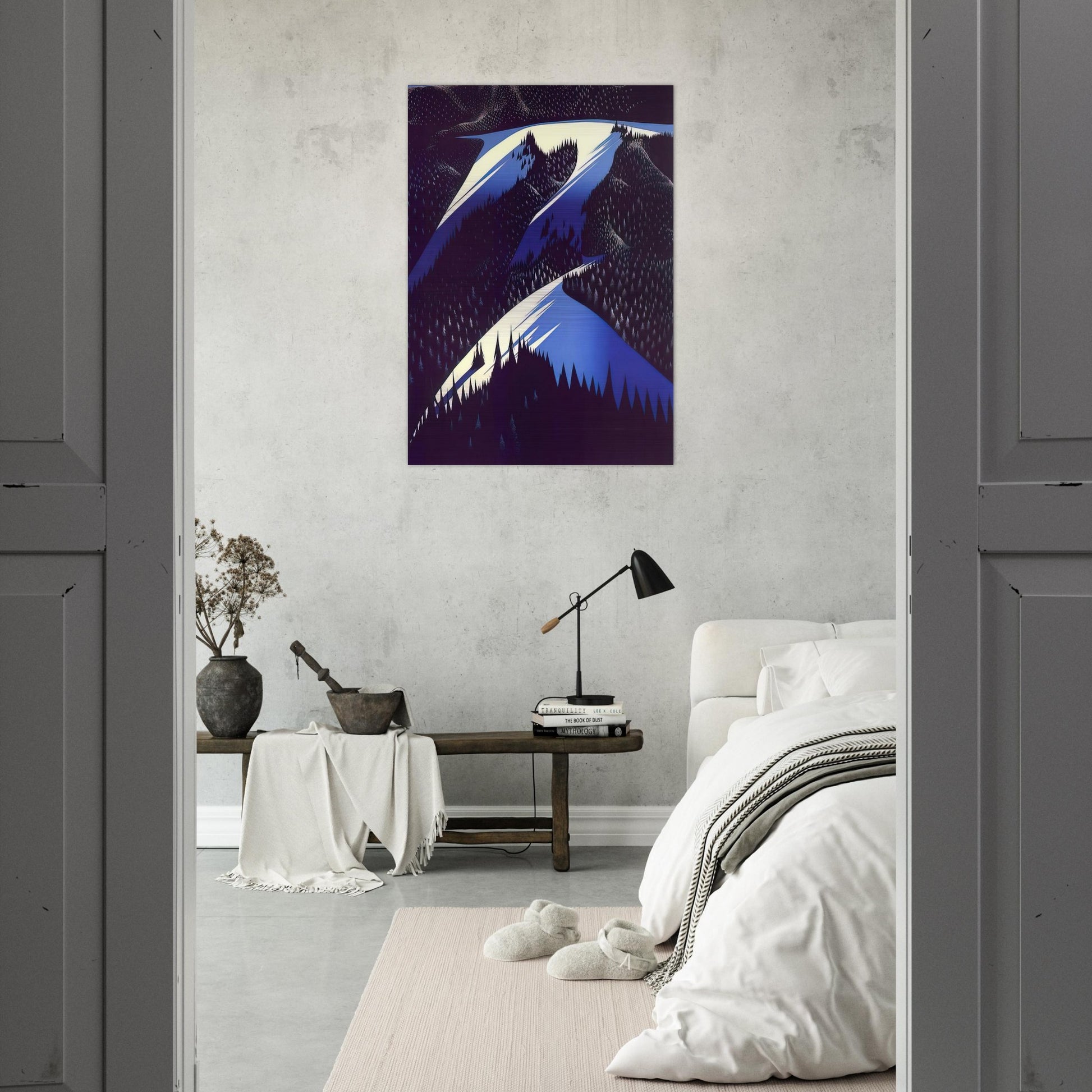 Black Evergreen Forest - Eyvind Earle Brushed Aluminum Print - 70x100 cm / 28x40 inches | Eyvind Earle Aluminum Print | Eyvind Earle Prints