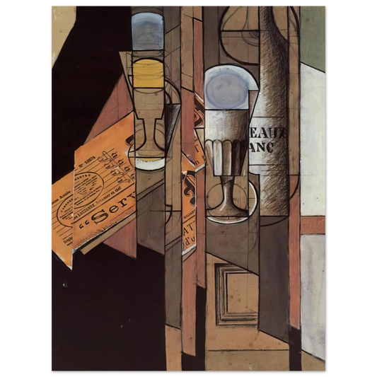 Juan Gris - GLASSES NEWSPAPER AND BOTTLE OF WINE  75x100 cm / 30x40inches Fine Art Poster