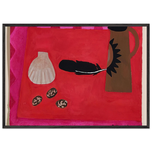 Red Table Brown Jug - 2009 - Mary Fedden 70x100 cm / 28x40 inches Framed Art Print – Black Wooden Frame