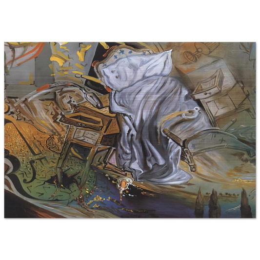 BED AND TWO BEDSIDE TABLES FEROCIOUSLY ATTACKING A CELLO FINAL STAGE - Salvador Dali Brushed Aluminum Print - 70x100 cm / 28x40 inches | Salvador Dali Aluminum Print | Salvador Dali Prints