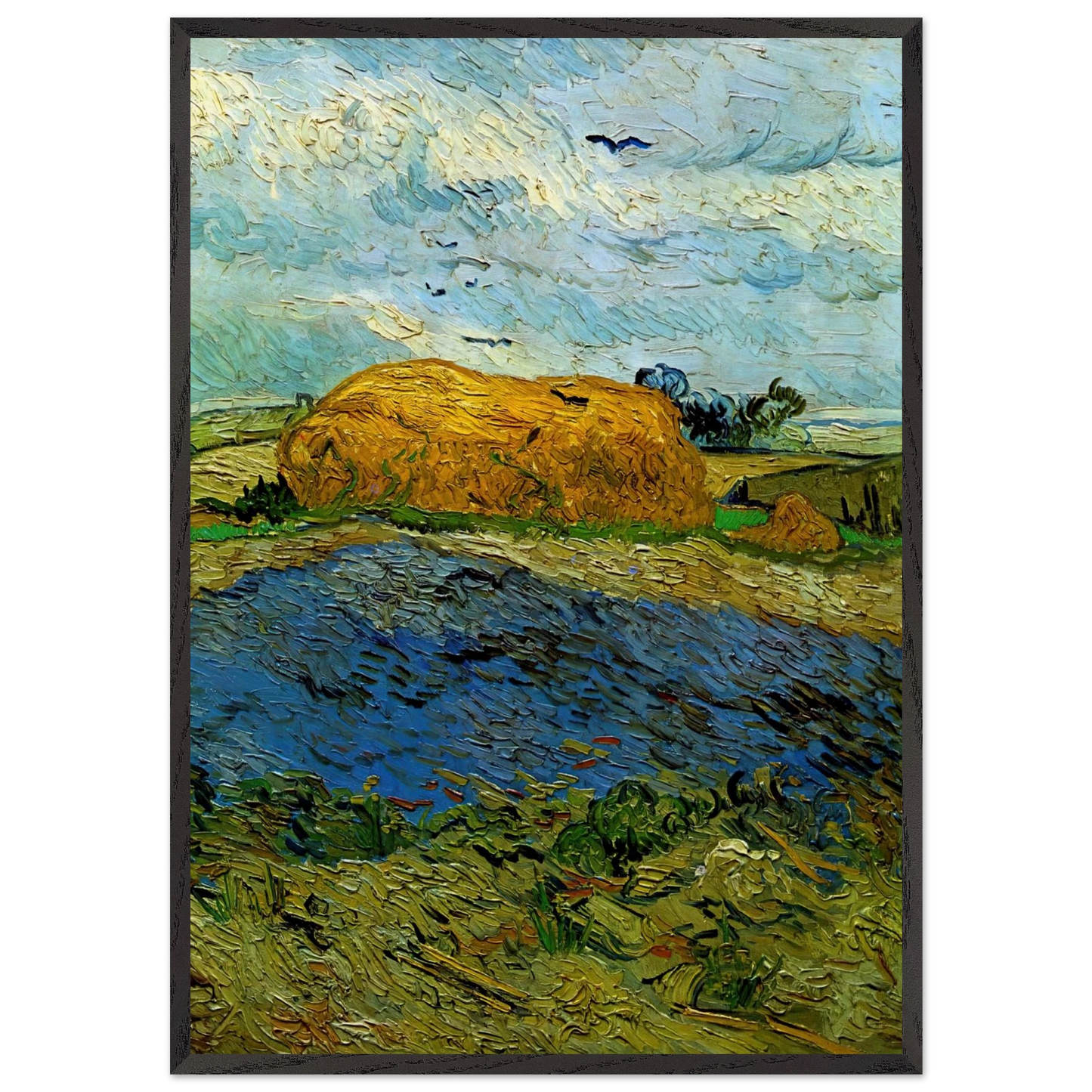 Haystack under a Rainy Sky - Vincent van Gogh 70x100 cm / 28x40 inches Framed Art Print – Black Wooden Frame