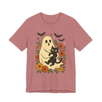 Gruseliger Geist mit schwarzer Katze, tolles Blumenmuster für Halloween