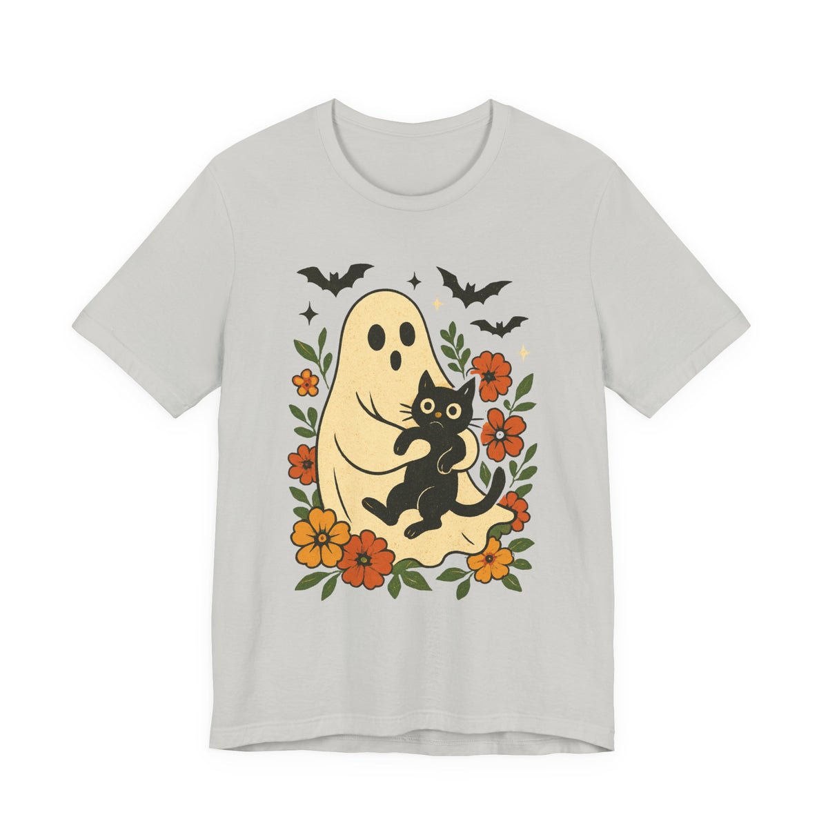 Gruseliger Geist mit schwarzer Katze, tolles Blumenmuster für Halloween