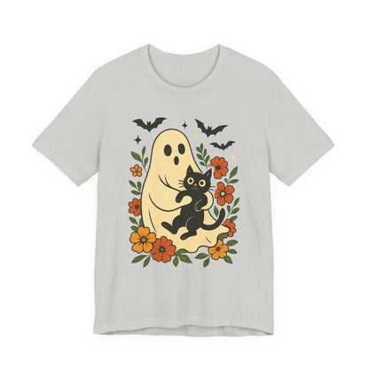 Gruseliger Geist mit schwarzer Katze, tolles Blumenmuster für Halloween