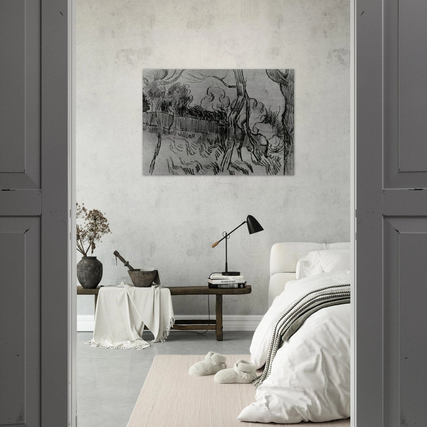 Pine Trees Seen against the Wall of the Asylum - Vincent van Gogh Brushed Aluminum Print - 70x100 cm / 28x40 inches | Vincent van Gogh Aluminum Print | Vincent van Gogh Prints