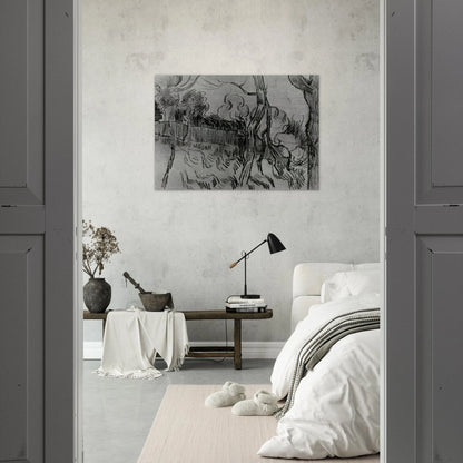 Pine Trees Seen against the Wall of the Asylum - Vincent van Gogh Brushed Aluminum Print - 70x100 cm / 28x40 inches | Vincent van Gogh Aluminum Print | Vincent van Gogh Prints