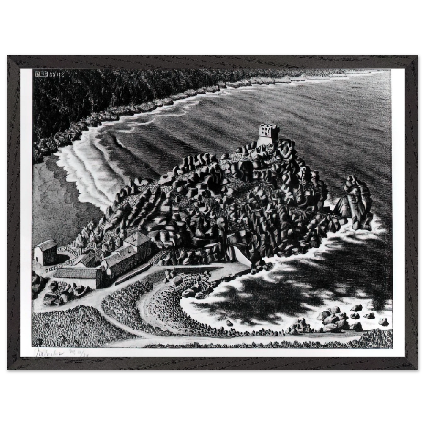 MC Escher - GULF OF PORTO CORSICA DECEMBER 1933 1933 Wall Art - 21x29.7 cm / 8x12" - Premium Wooden Framed Poster With Fine Art Paper - Black frame