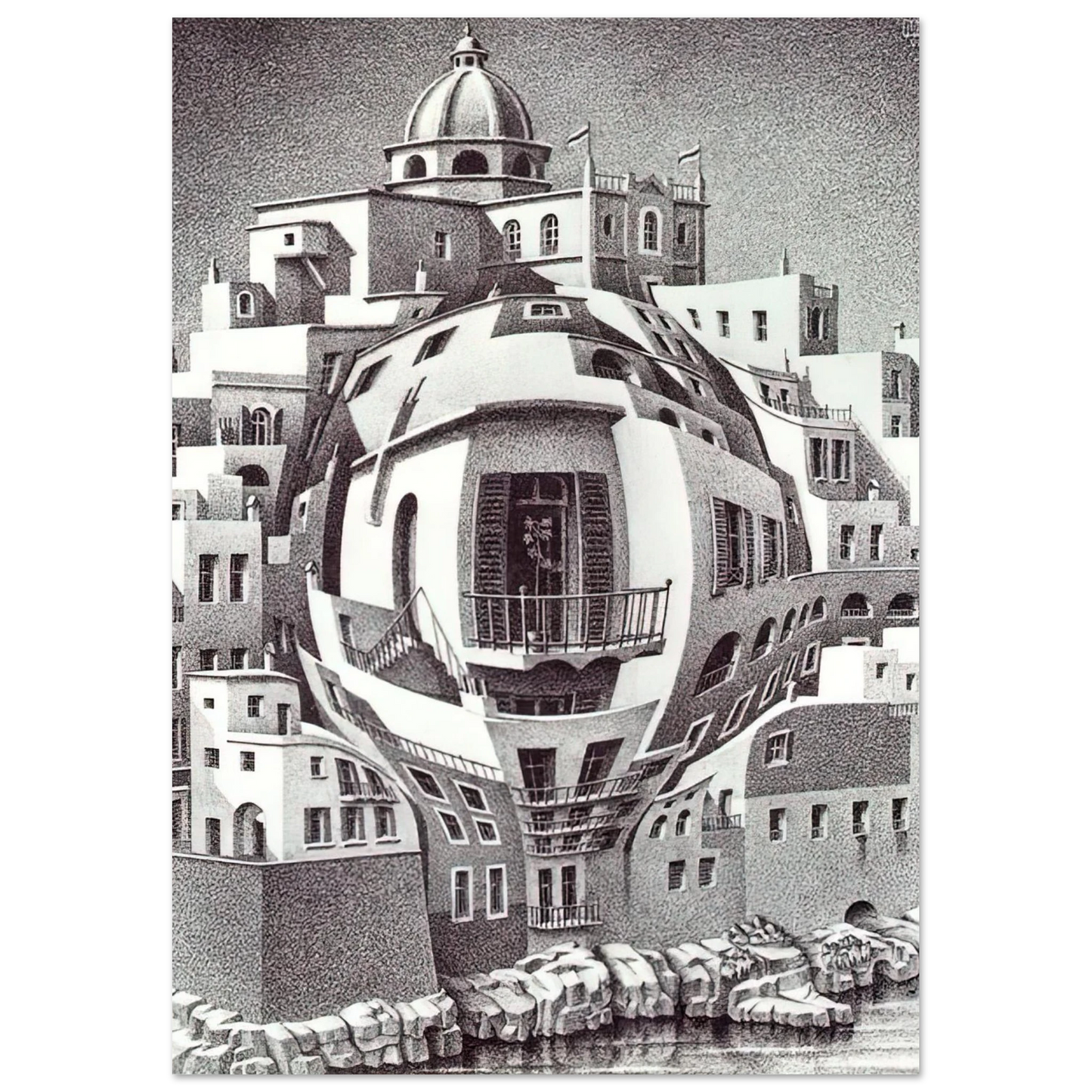 MC Escher - BALCONY Wall Art - 60x80 cm / 24x32 inches - Premium Wooden Framed Poster With Fine Art Paper-canvas - Wood frame