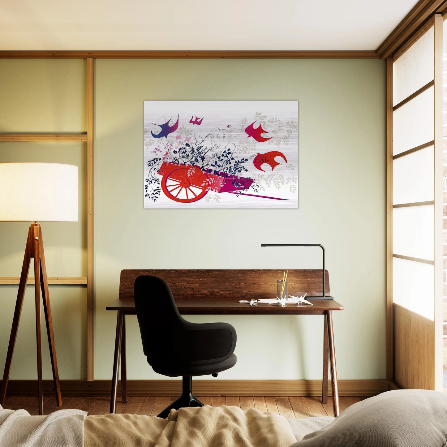 Red Wagon & Foliage - Eyvind Earle Brushed Aluminum Print - 70x100 cm / 28x40 inches | Eyvind Earle Aluminum Print | Eyvind Earle Prints