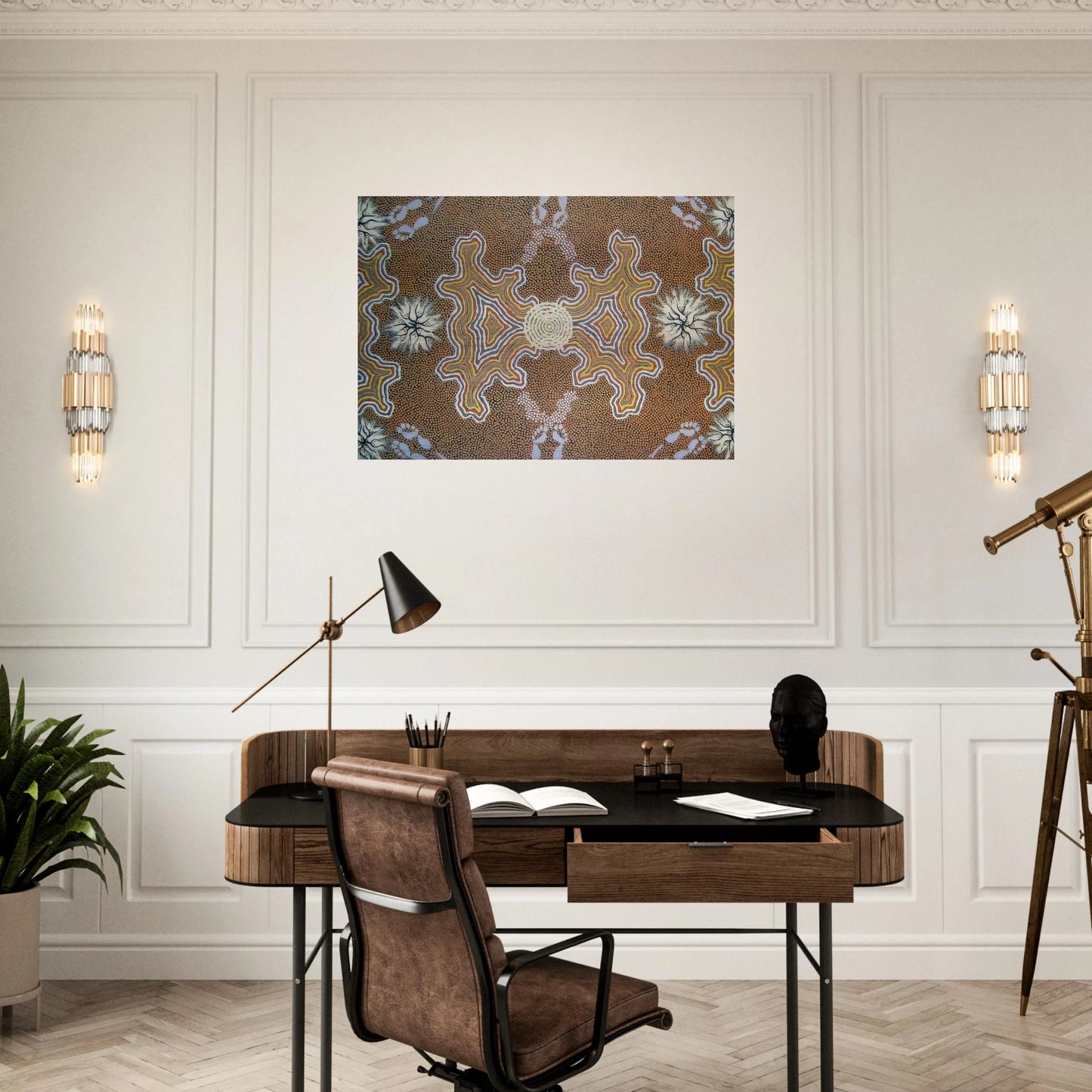 Men's Dreaming - 1994 - Clifford Possum Tjapaltjarri Brushed Aluminum Print - 70x100 cm / 28x40 inches | Clifford Possum Tjapaltjarri Aluminum Print | Clifford Possum Tjapaltjarri Prints