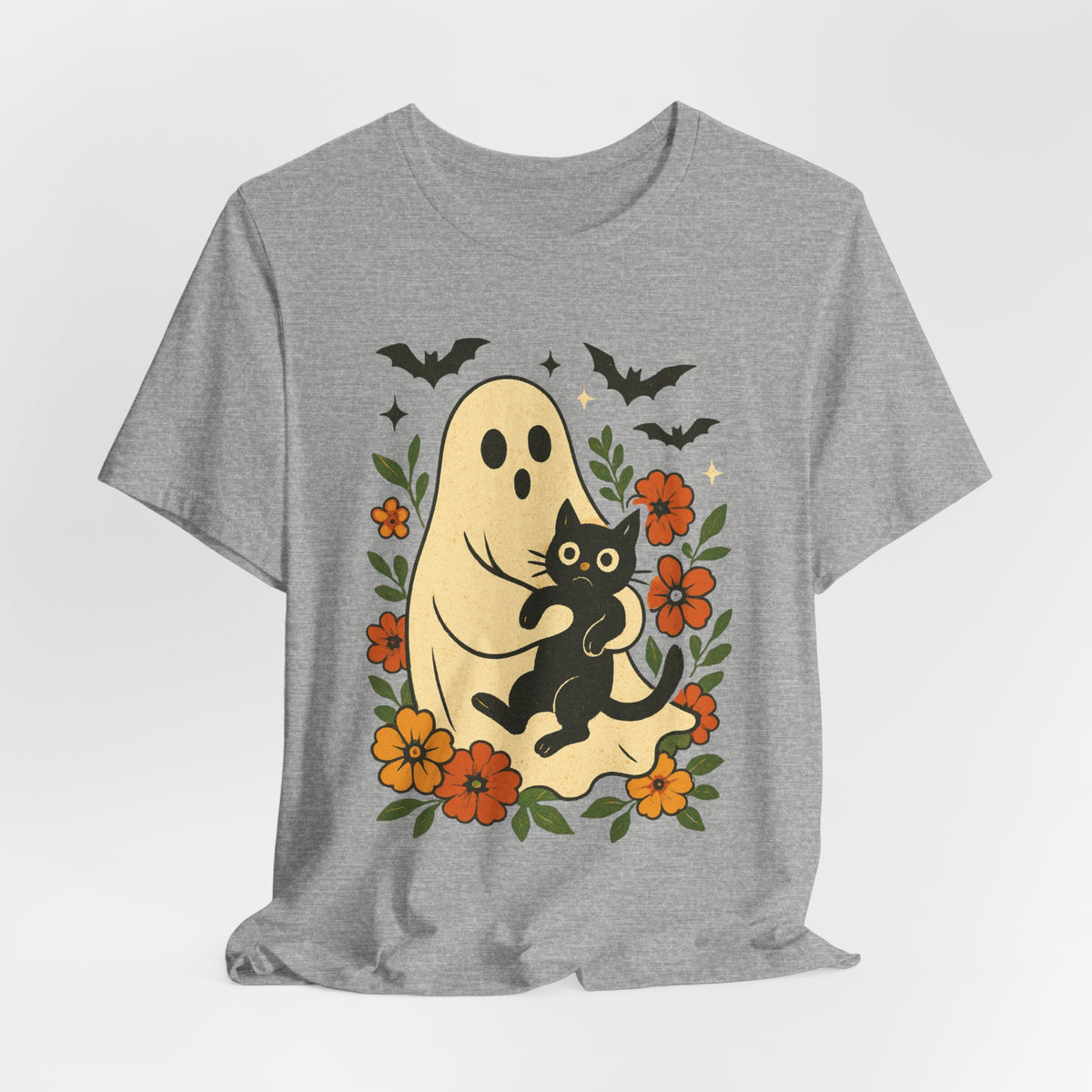 Gruseliger Geist mit schwarzer Katze, tolles Blumenmuster für Halloween