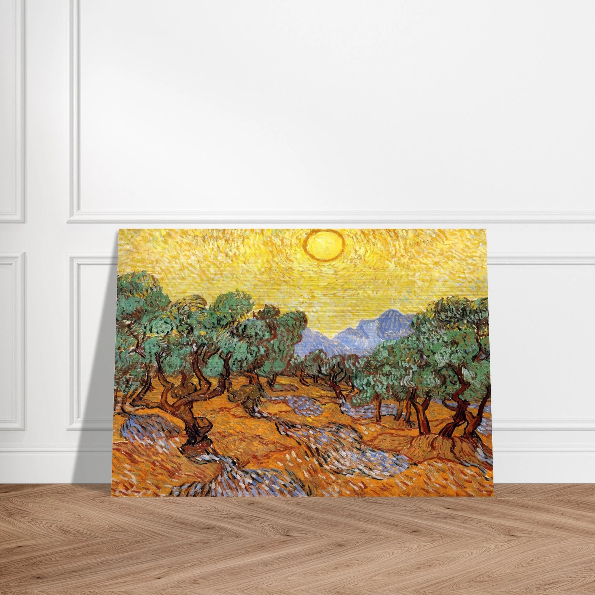 Olive Trees with Yellow Sky and Sun - Vincent van Gogh Brushed Aluminum Print - 70x100 cm / 28x40 inches | Vincent van Gogh Aluminum Print | Vincent van Gogh Prints