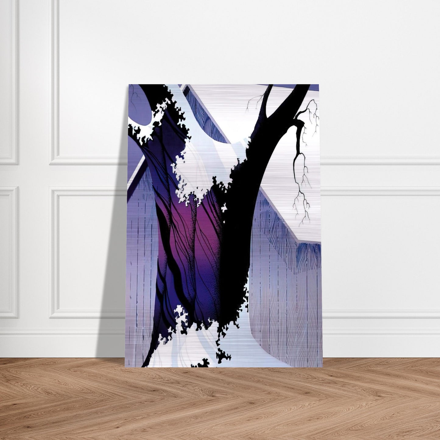Violet Tree and Barn - Eyvind Earle Brushed Aluminum Print - 70x100 cm / 28x40 inches | Eyvind Earle Aluminum Print | Eyvind Earle Prints