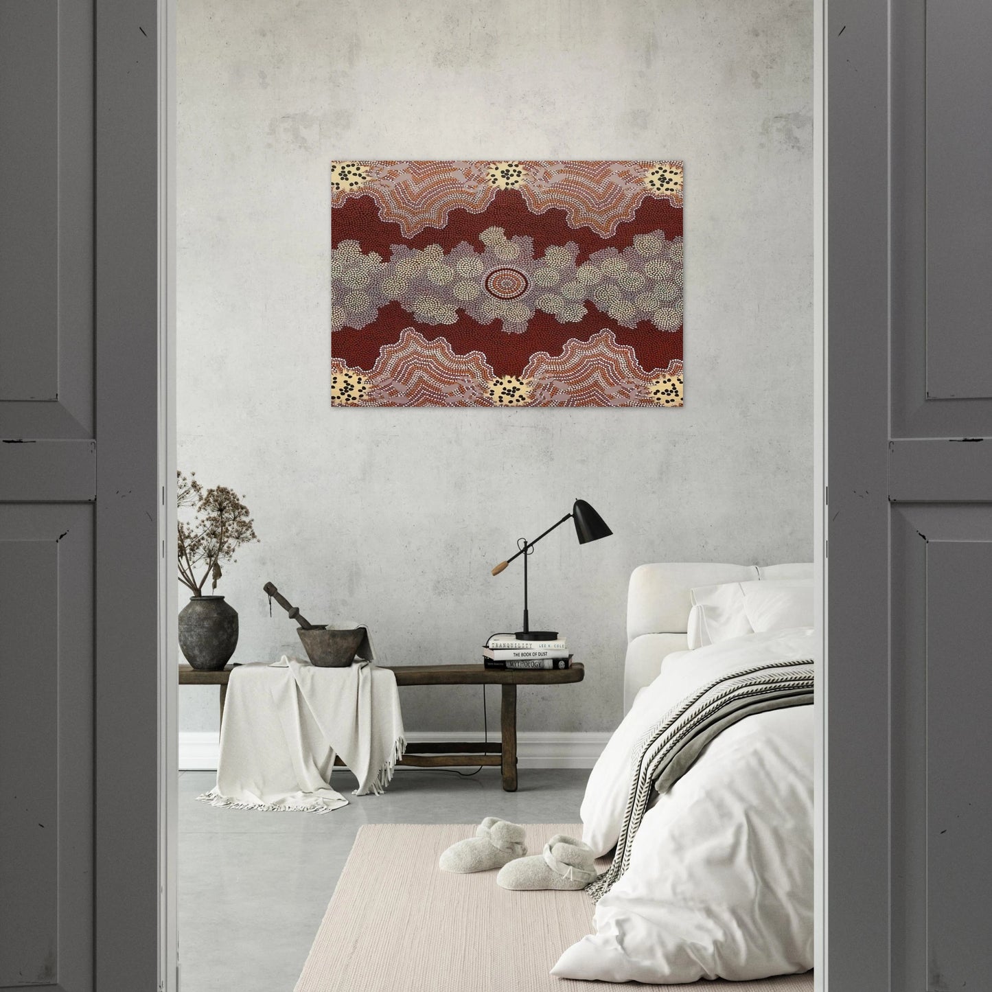 Malaka Honey Ant Dreaming - 1992 - Clifford Possum Tjapaltjarri Brushed Aluminum Print - 70x100 cm / 28x40 inches | Clifford Possum Tjapaltjarri Aluminum Print | Clifford Possum Tjapaltjarri Prints