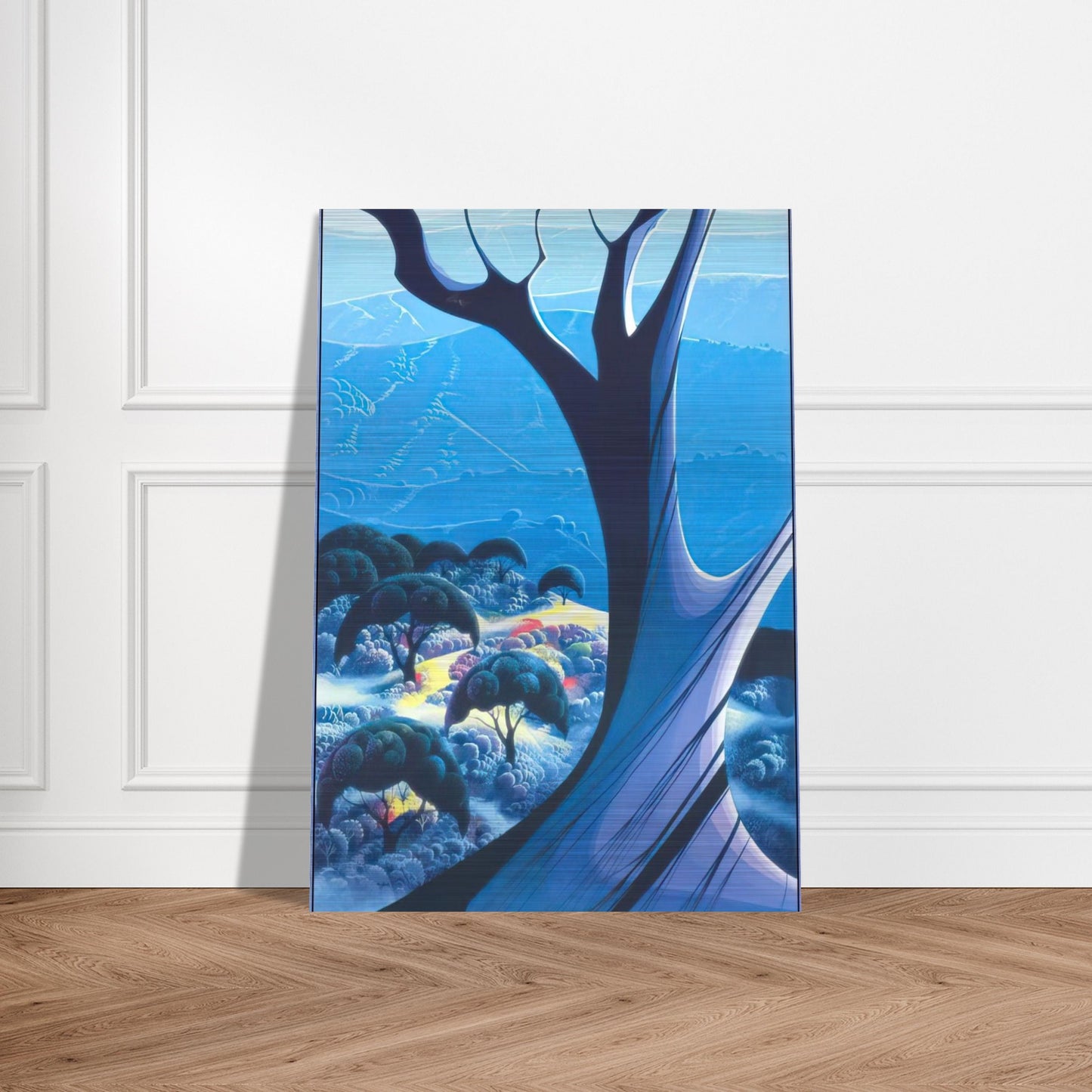Purple Treeand Mountains - Eyvind Earle Brushed Aluminum Print - 70x100 cm / 28x40 inches | Eyvind Earle Aluminum Print | Eyvind Earle Prints