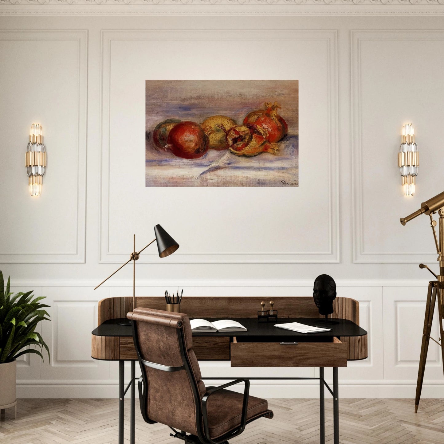 Three Pomegranates and Two Apples - Pierre-Auguste Renoir Brushed Aluminum Print - 70x100 cm / 28x40 inches | Pierre-Auguste Renoir Aluminum Print | Pierre-Auguste Renoir Prints