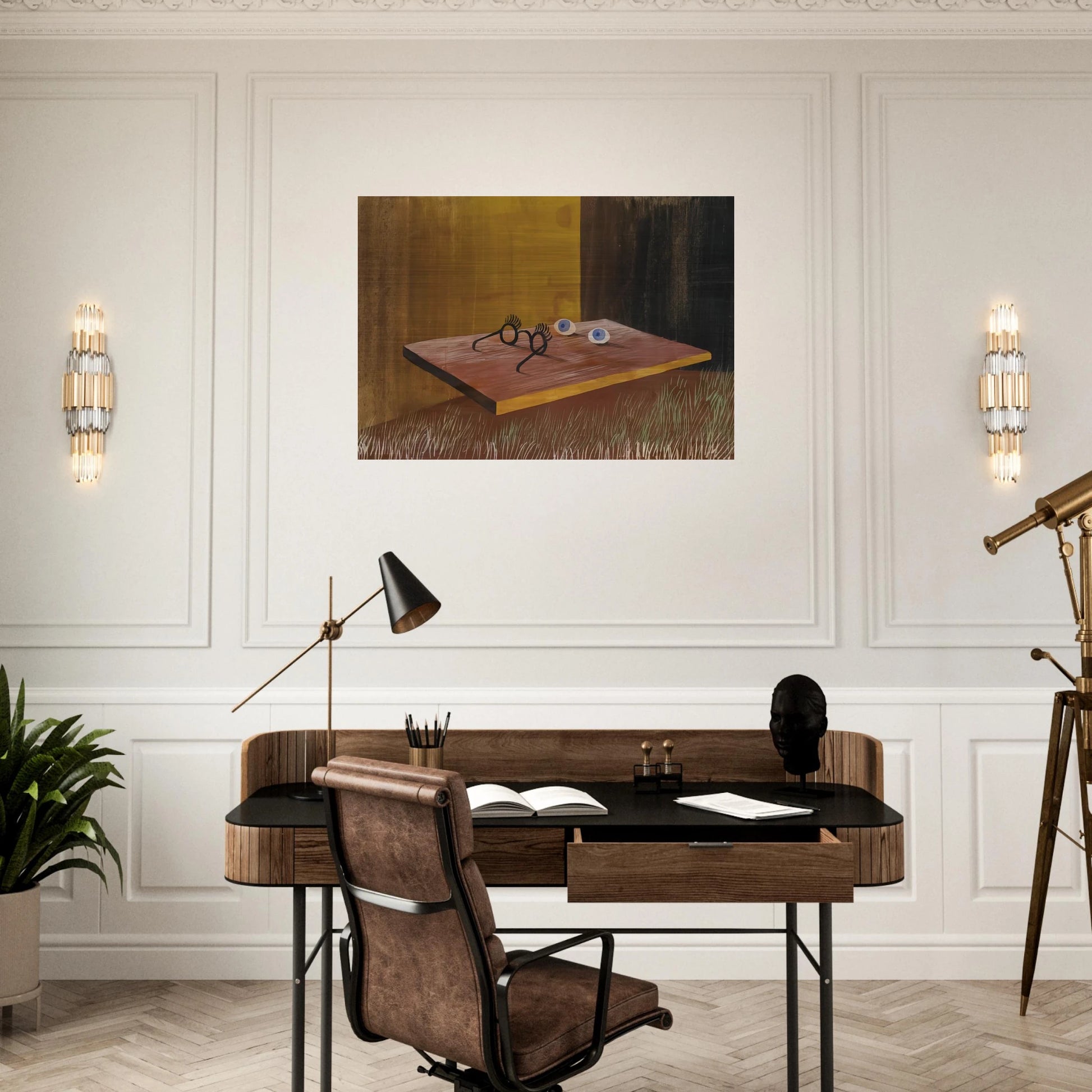 EYES ON THE TABLE 1938 - Remedios Varo Brushed Aluminum Print - 70x100 cm / 28x40 inches | Remedios Varo Aluminum Print | Remedios Varo Prints