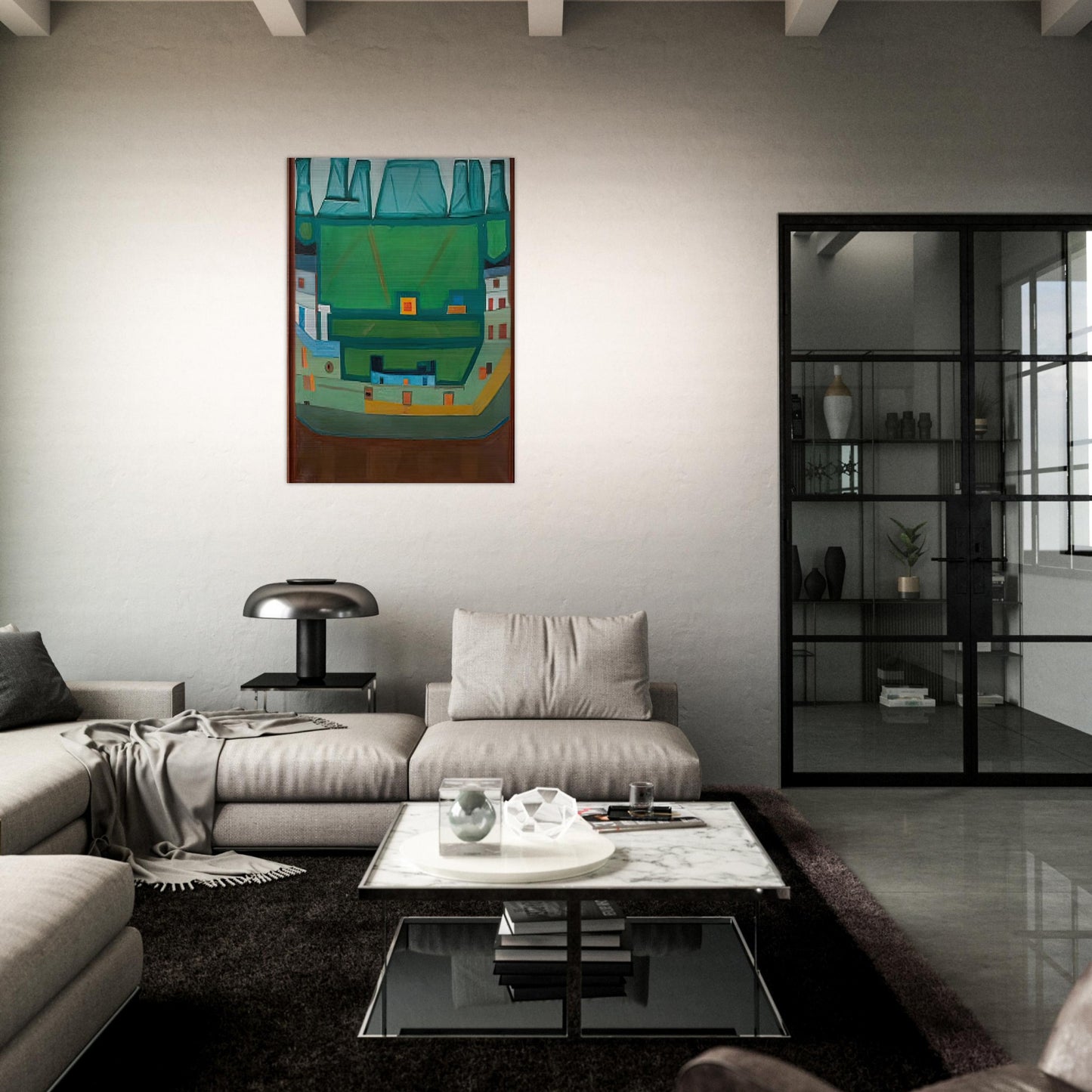 CITY AT THE FOOT OF THE MOUNTAINS LANDSCAPE - Jerzy Nowosielski Brushed Aluminum Print - 70x100 cm / 28x40 inches | Jerzy Nowosielski Aluminum Print | Jerzy Nowosielski Prints