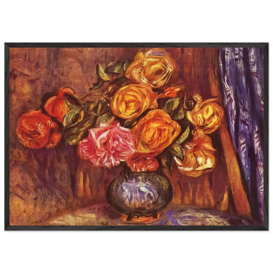 Roses Before the Blue Curtain - Pierre-Auguste Renoir 70x100 cm / 28x40 inches Framed Art Print – Black Wooden Frame