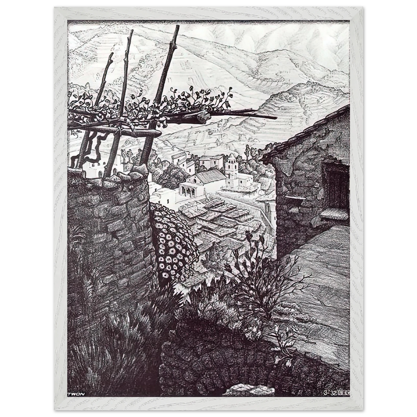 MC Escher - THE HAMLET OF TURELLO SOUTHERN ITALY Wall Art - 60x80 cm / 24x32 inches - Premium Wooden Framed Poster With Fine Art Paper-canvas - White frame