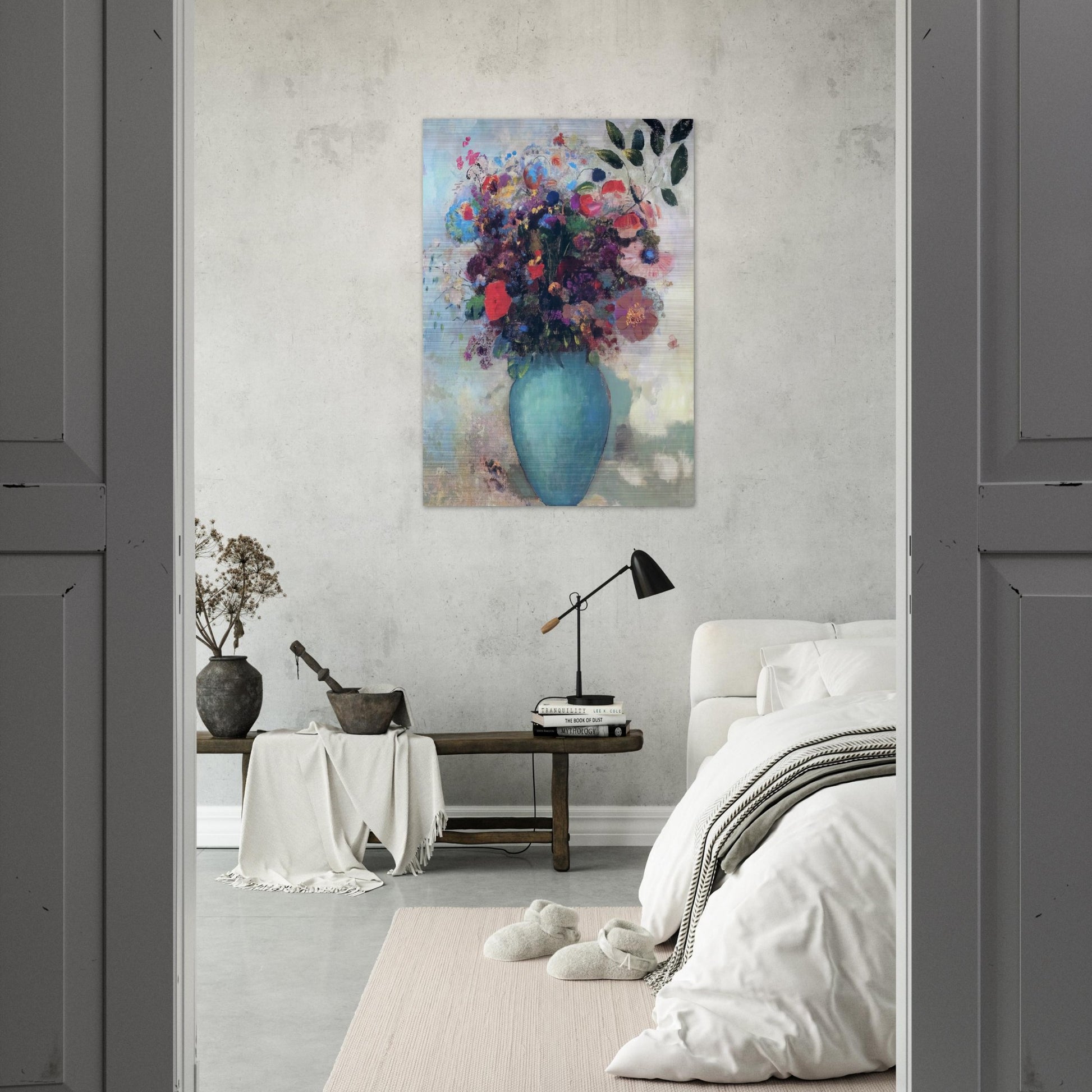 FLOWERS IN A TURQUOISE VASE - Odilon Redon Brushed Aluminum Print - 70x100 cm / 28x40 inches | Odilon Redon Aluminum Print | Odilon Redon Prints