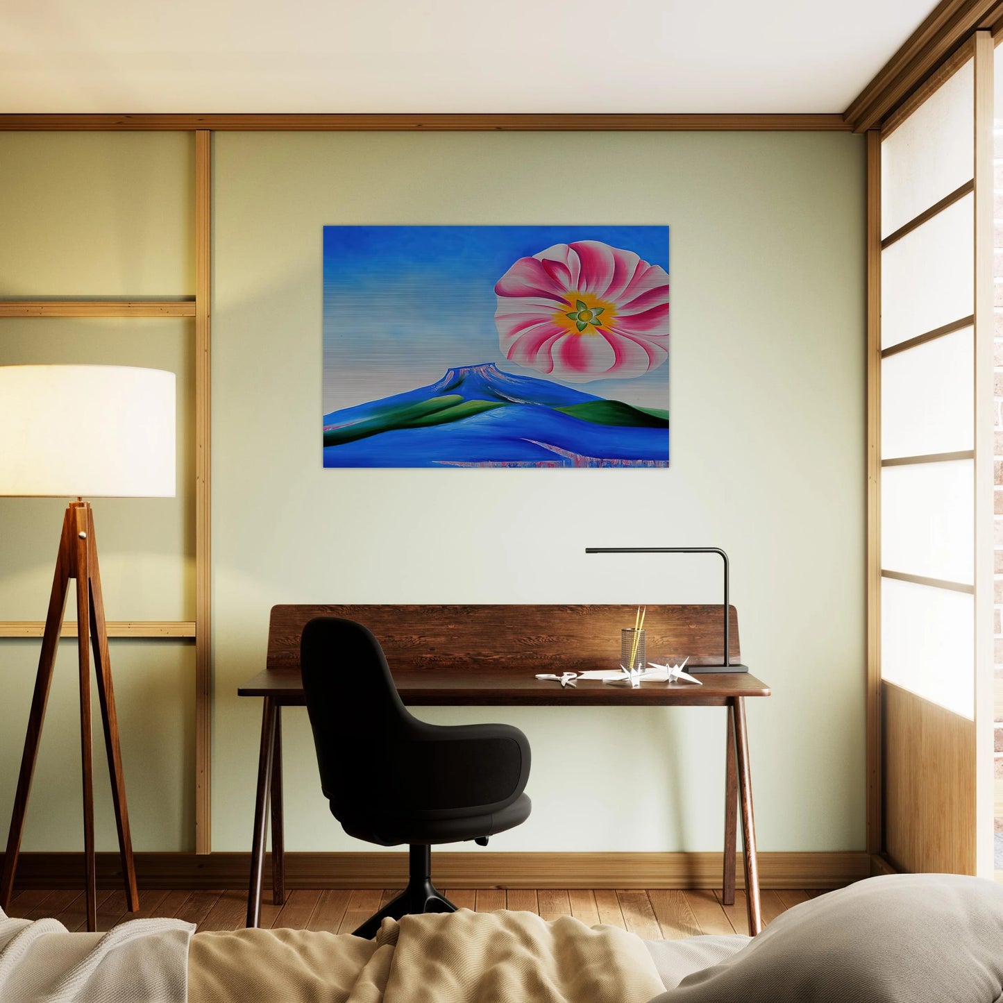 Hollyhock Pink with Pedernal - Georgia O'Keeffe Brushed Aluminum Print - 70x100 cm / 28x40 inches | Georgia O'Keeffe Aluminum Print | Georgia O'Keeffe Prints