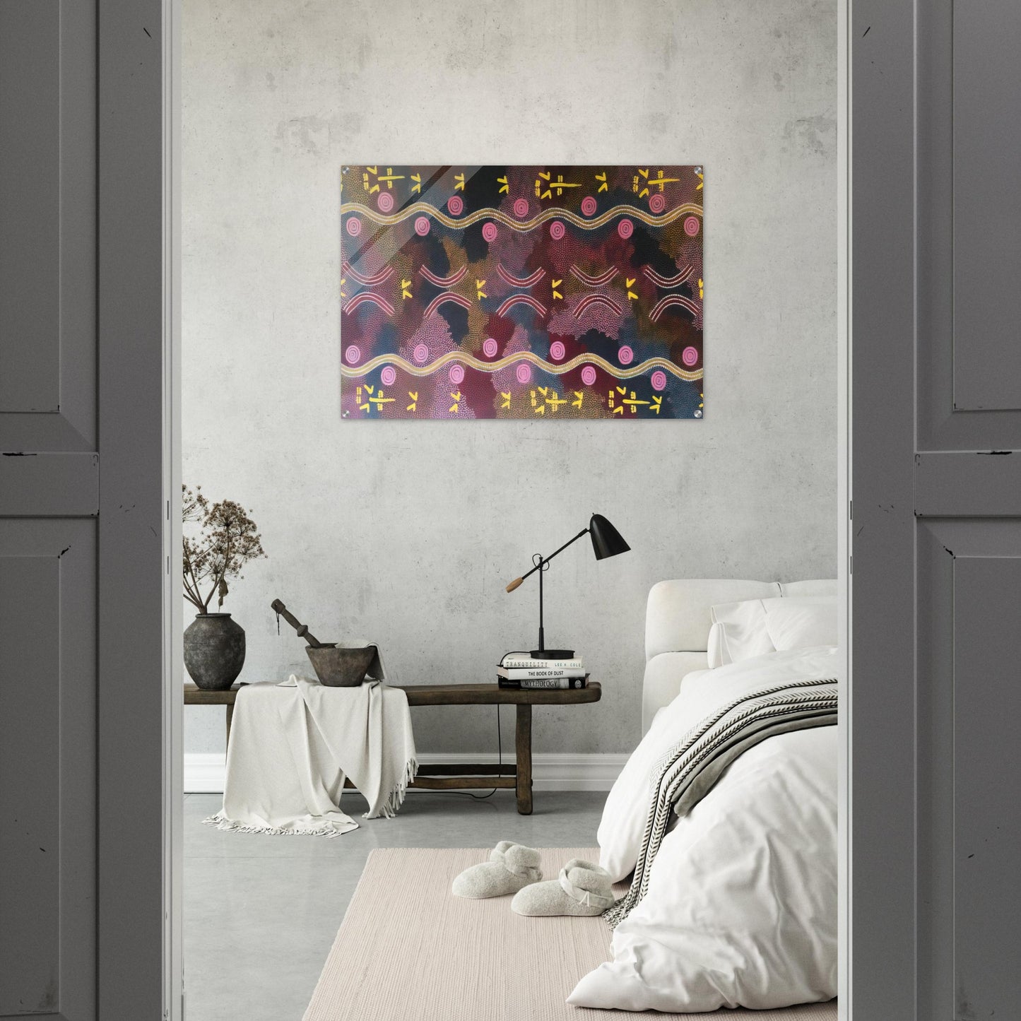 Possum  Rock Wallaby Dreaming, Napperby - 1990 - Clifford Possum Tjapaltjarri Acrylic Print - 70x100 cm / 28x40″ inches