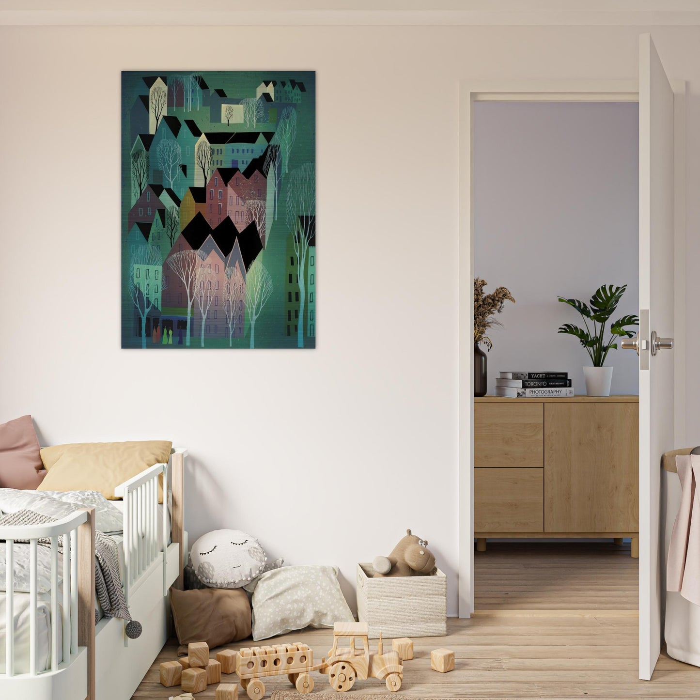 Village - Eyvind Earle Brushed Aluminum Print - 70x100 cm / 28x40 inches | Eyvind Earle Aluminum Print | Eyvind Earle Prints