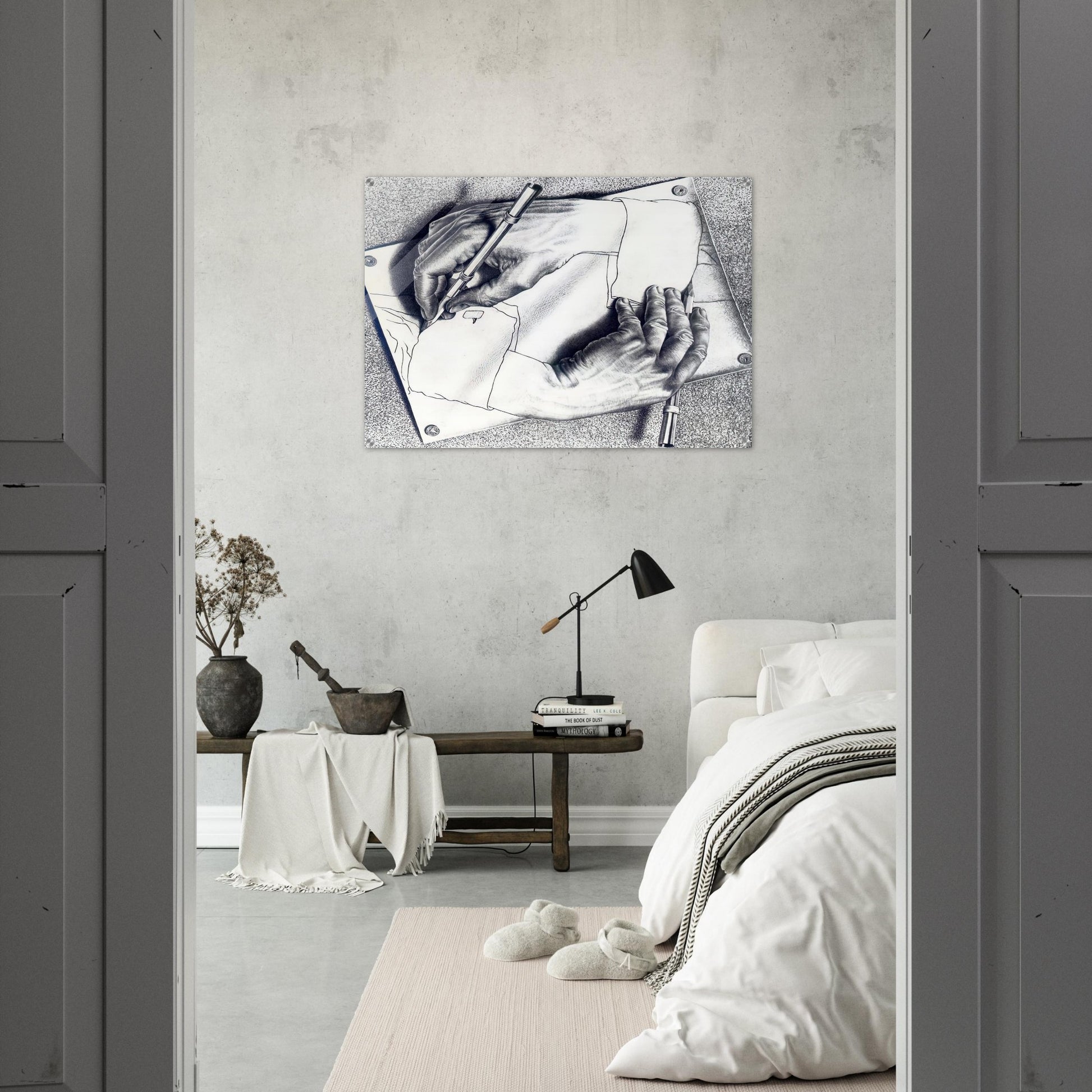 DRAWING HANDS - MC Escher Acrylic Print - 70x100 cm / 28x40″ inches | Maurits Cornelis Escher Prints