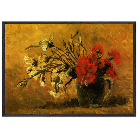 Vase with Red and White Carnations on a Yellow Background - Vincent van Gogh 70x100 cm / 28x40 inches Framed Art Print – Black Wooden Frame