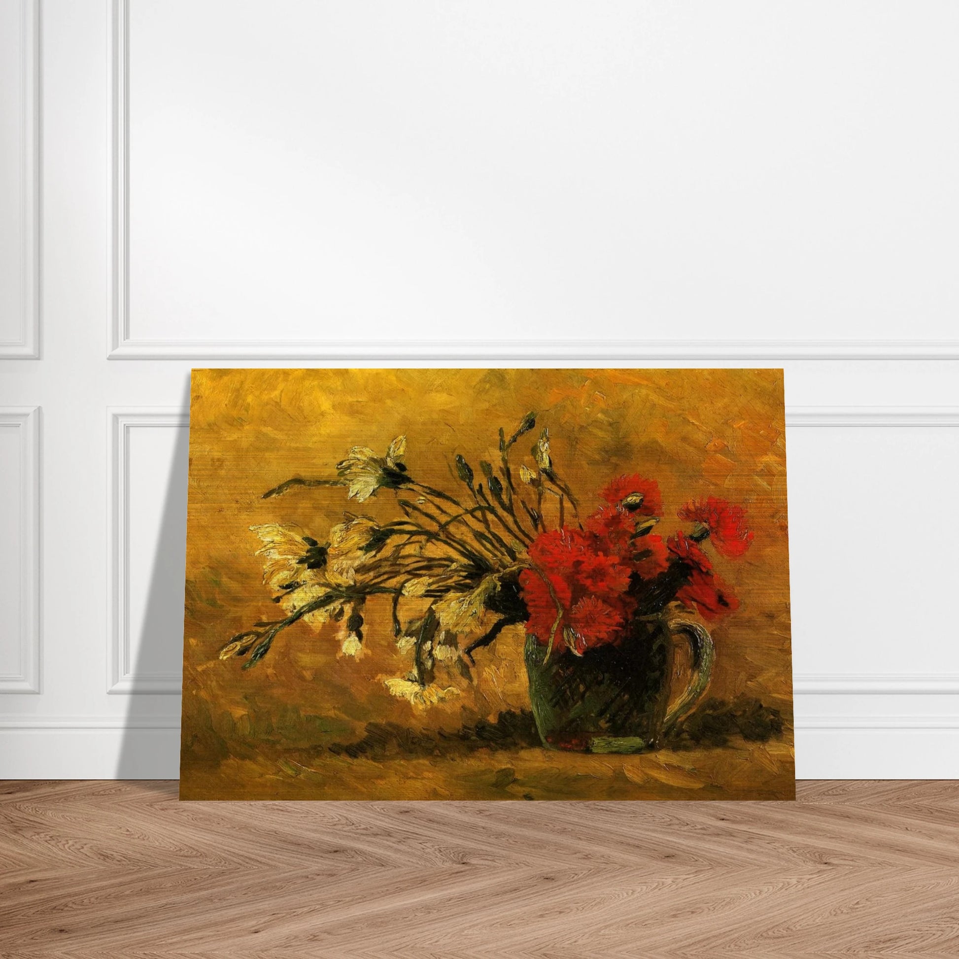 Vase with Red and White Carnations on a Yellow Background - Vincent van Gogh Brushed Aluminum Print - 70x100 cm / 28x40 inches | Vincent van Gogh Aluminum Print | Vincent van Gogh Prints